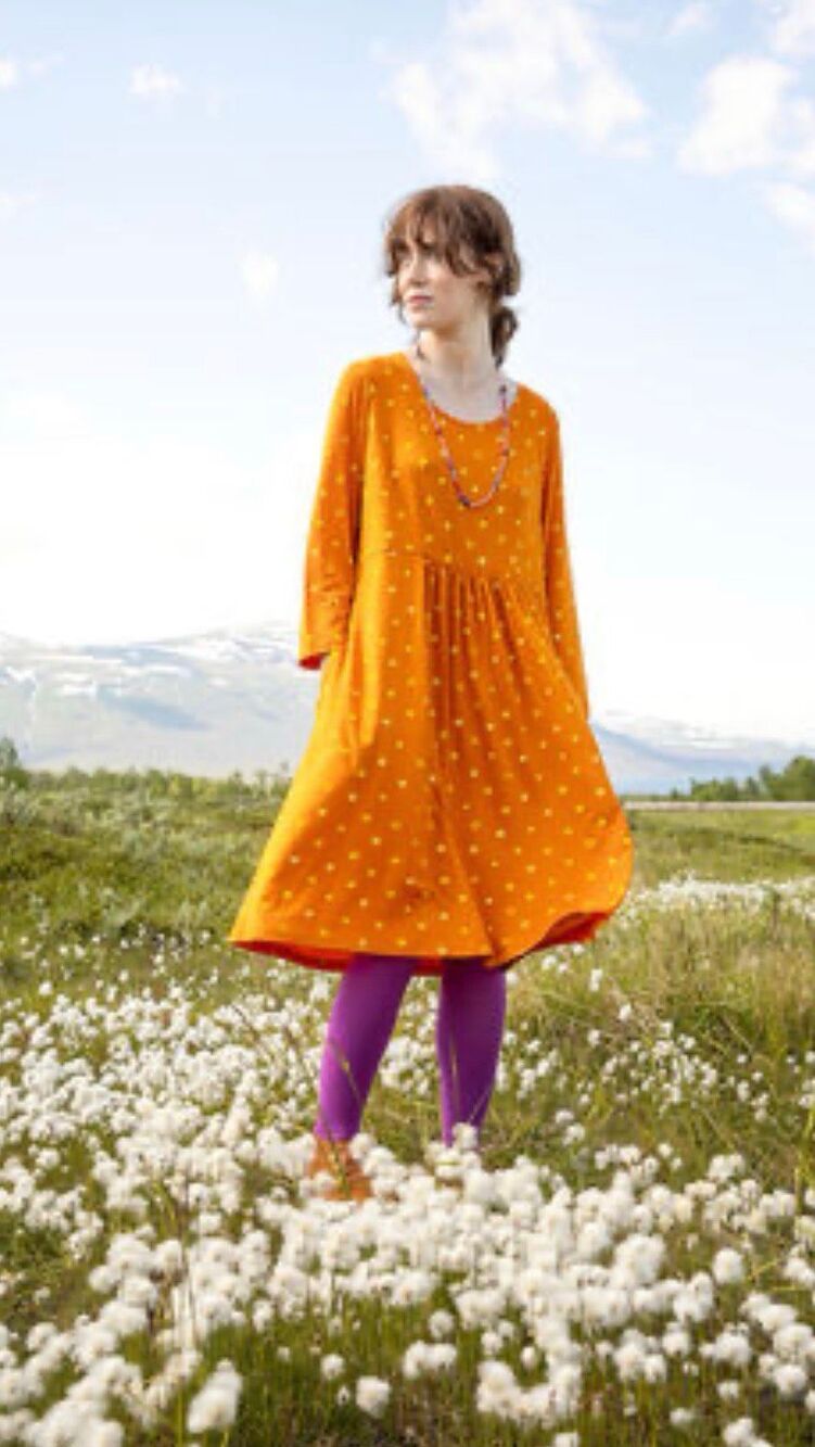 Gudrun Sjoden scoop neck knit dress orange with yellow dot print sz Small Lake b